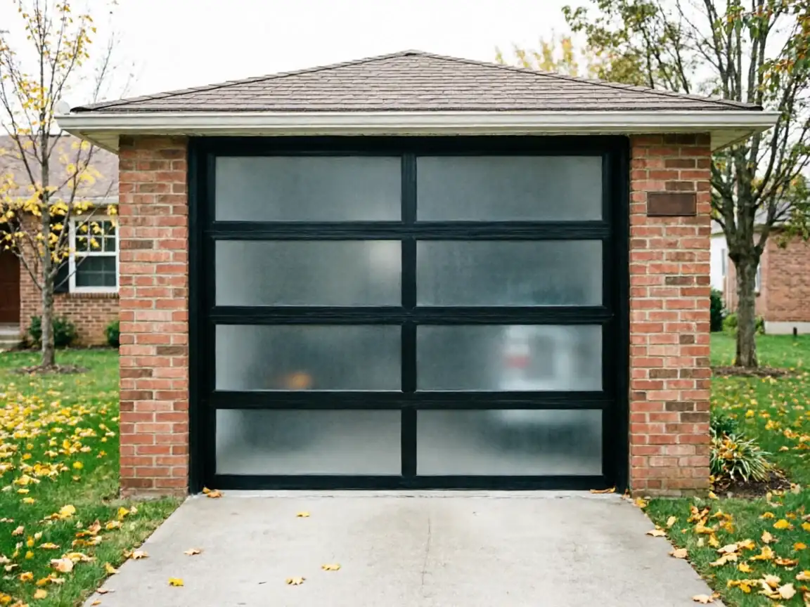 A modern black garage door with frosted glass panels on a brick garage.