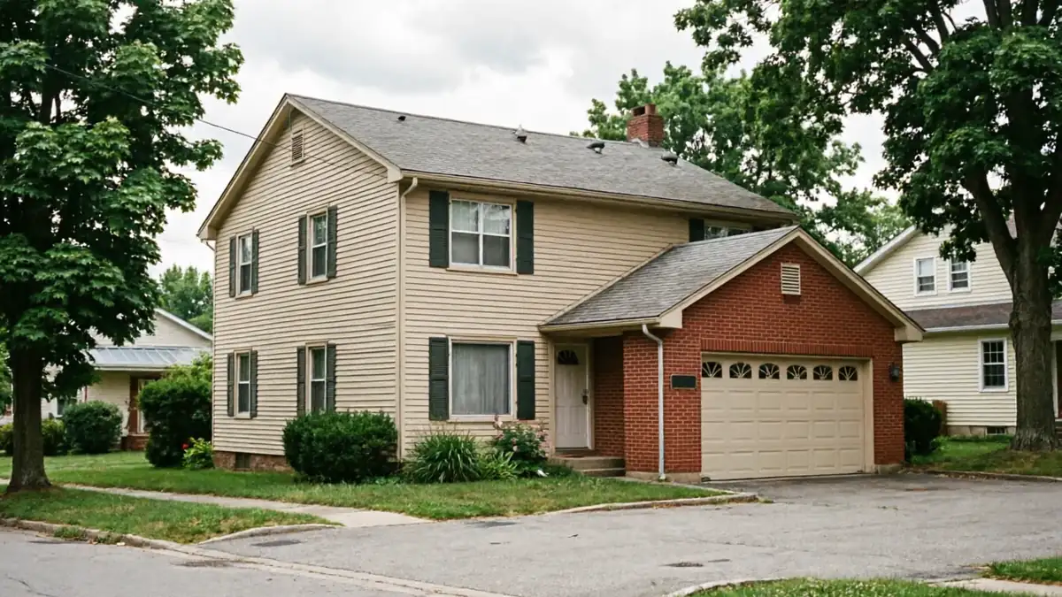 The house has beige siding, a red brick garage, and a beige garage door.